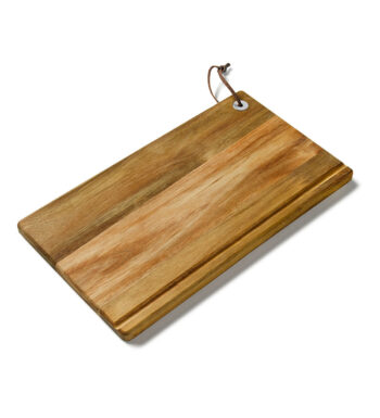 Acacia Wood Cutting Board with Leather Strap and Crumb Trough